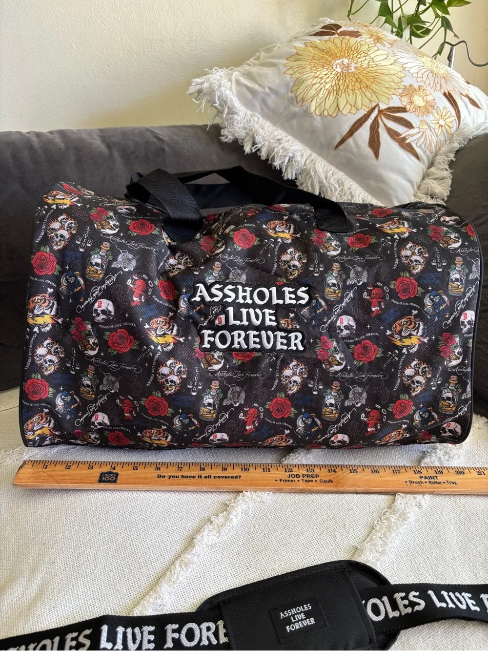 ALF ******** Live Forever Emotional Baggage Skull Bottle Strap Duffle Bag Roses